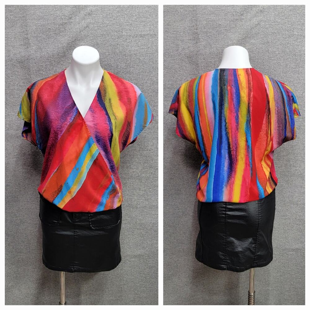 ALANA KAY ART WATERCOLOR WRAP BLOUSE, SIZE XS *